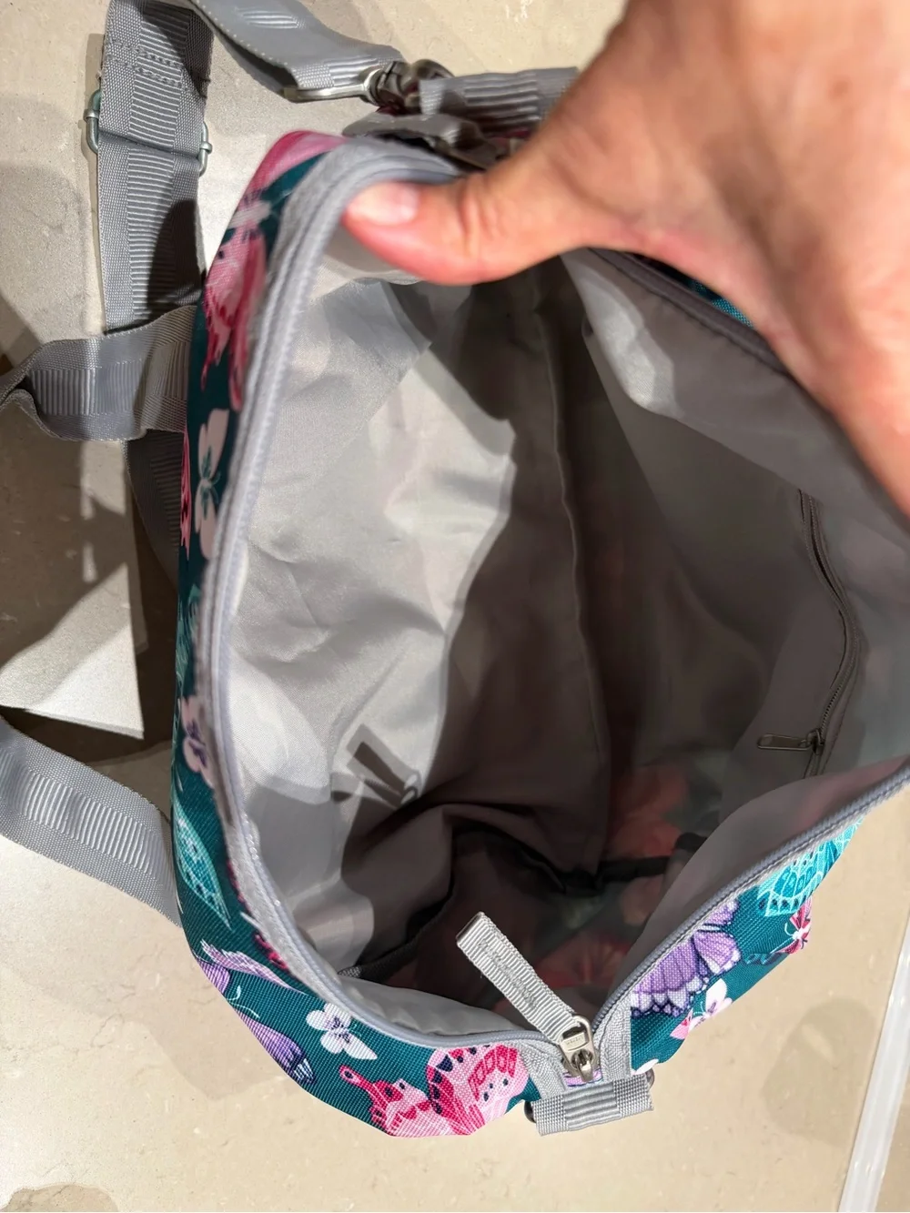 Pottery Barn Kids Mackenzie Duffel Bag Teal Butterfly Print Tote  Gray Straps
